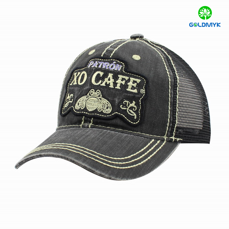Custom embroidery 6 Panel demin fabric trucker cap  カスタム刺繍6パネルデミン生地トラッカーキャップ