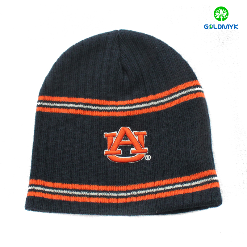 100% acrylic embroidery beanie hat with stripe アクリル100%のストライプ刺繍ビーニーハット