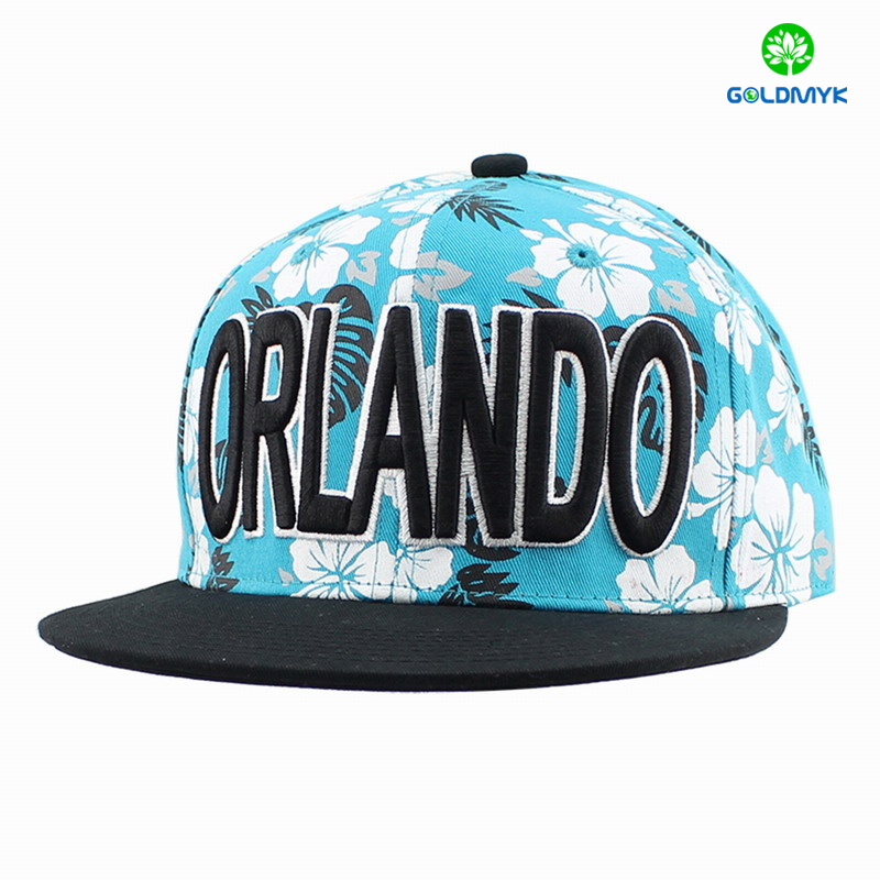 Manufacture Cotton Printing fabric snapback Hat with 3D embroidery コットンプリント生地のスナップバックハットを3D刺繍で製造