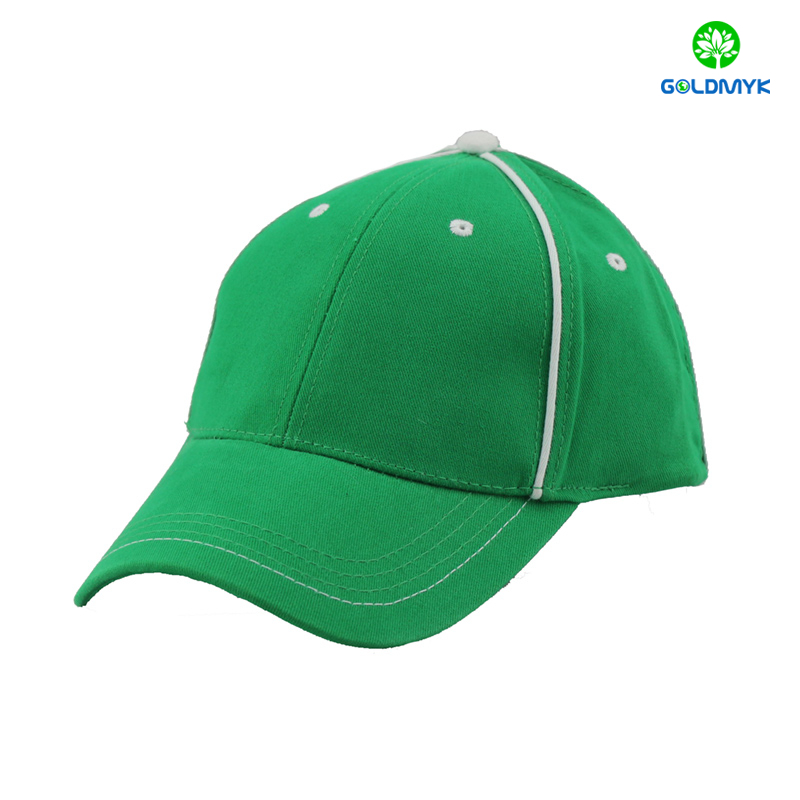 Green Plain six panels Cotton Cap with two strips on front side  前面に 2 本のストリップが付いたグリーン プレーン 6 パネル コットン キャップ