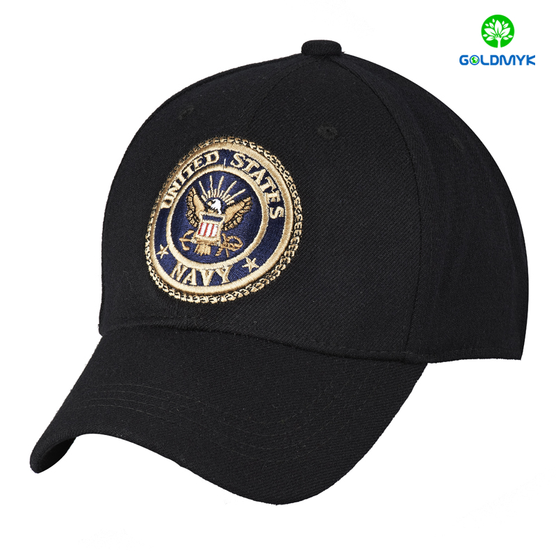 Black 100% acrylic six panel baseball cap with full embroidery patch ブラック 100% アクリル 6 パネル ベースボール キャップ、フル刺繍パッチ付き
