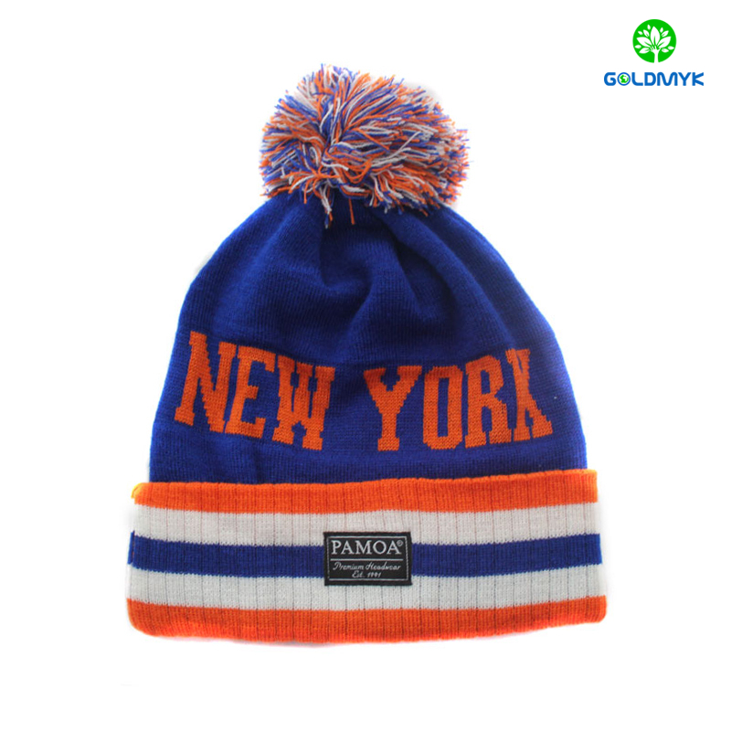 Stripe 100% acrylic intasia beanie hat with pom pom and cuff ストライプ 100% アクリル インタシア ビーニー ハット、ポンポンとカフ付き