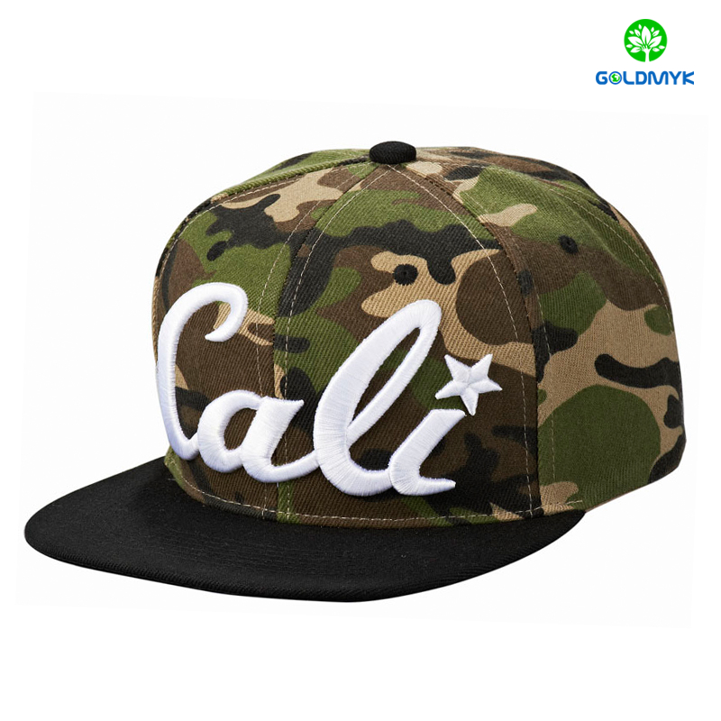 Contrast color 3D Embroidery 6 Panel Camo fabric Snapback cap コントラストカラーの3D刺繍6パネル迷彩生地スナップバックキャップ