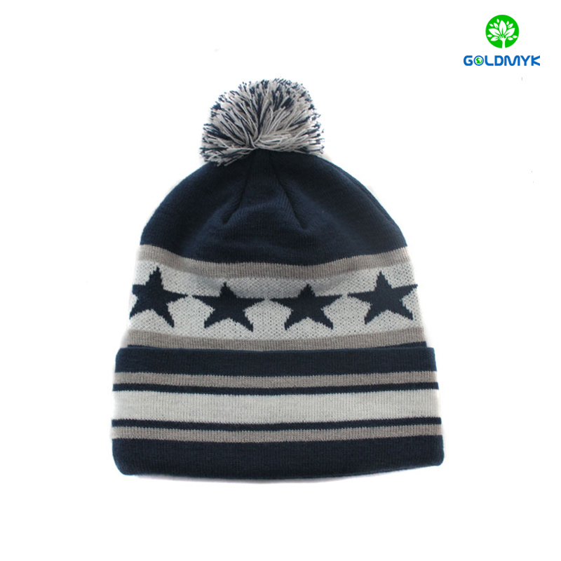 Stripe 100% acrylic plain color beanie hat with pom pom and cuff ストライプ 100% アクリル プレーン カラー ビーニー帽子、ポンポンとカフ付き