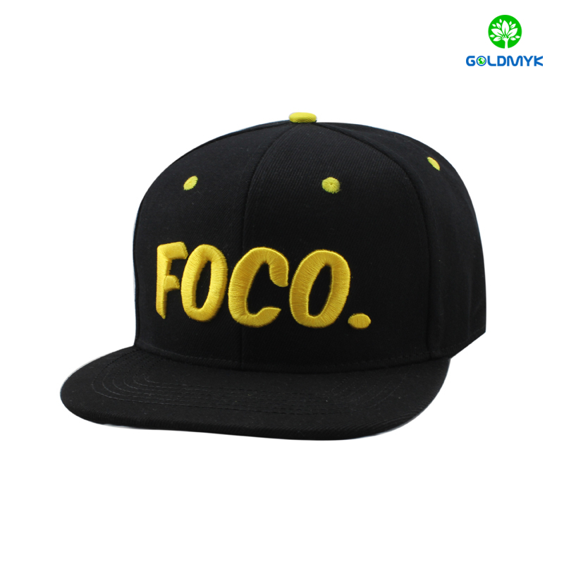 Acrylic snapback cap with 3D embroidery and printing under brim つばの下に3D刺繍とプリントを施したアクリルスナップバックキャップ