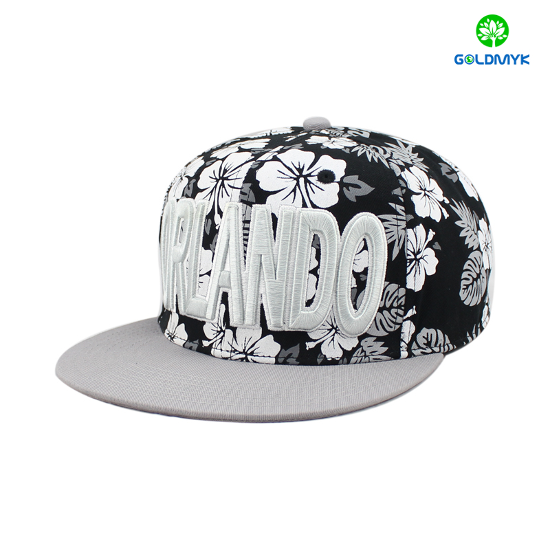 Six panel printing snapback cap with 3D embroidery 3D刺繍入り6パネルプリントスナップバックキャップ