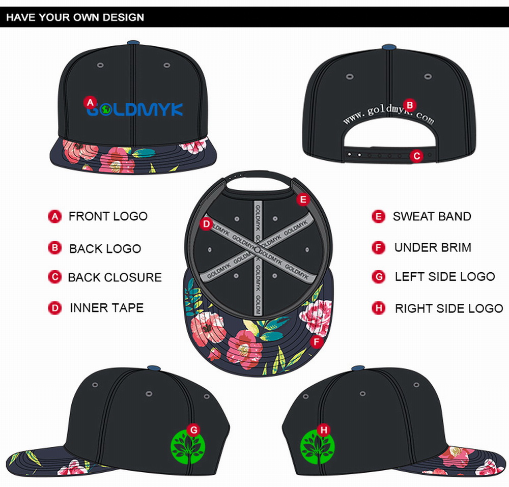 6 panel sanpback cap have your own design 6パネルのサンプバックキャップはあなた自身のデザインを持っています