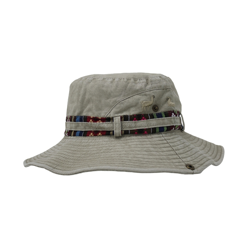 100％コットンファブリックバケットキャップハンドウォッシュ女性と男性酸洗浄、パッチ刺繍、6パネルキャップ