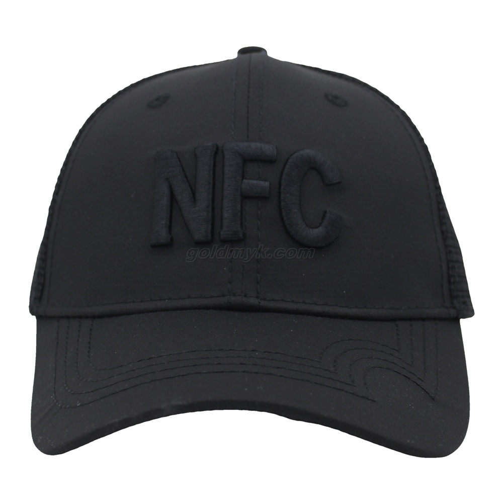 NFCチップ内蔵カスタムブラックトラッカーキャップ3Dパフ刺繍NFCロゴメッシュバック野球帽